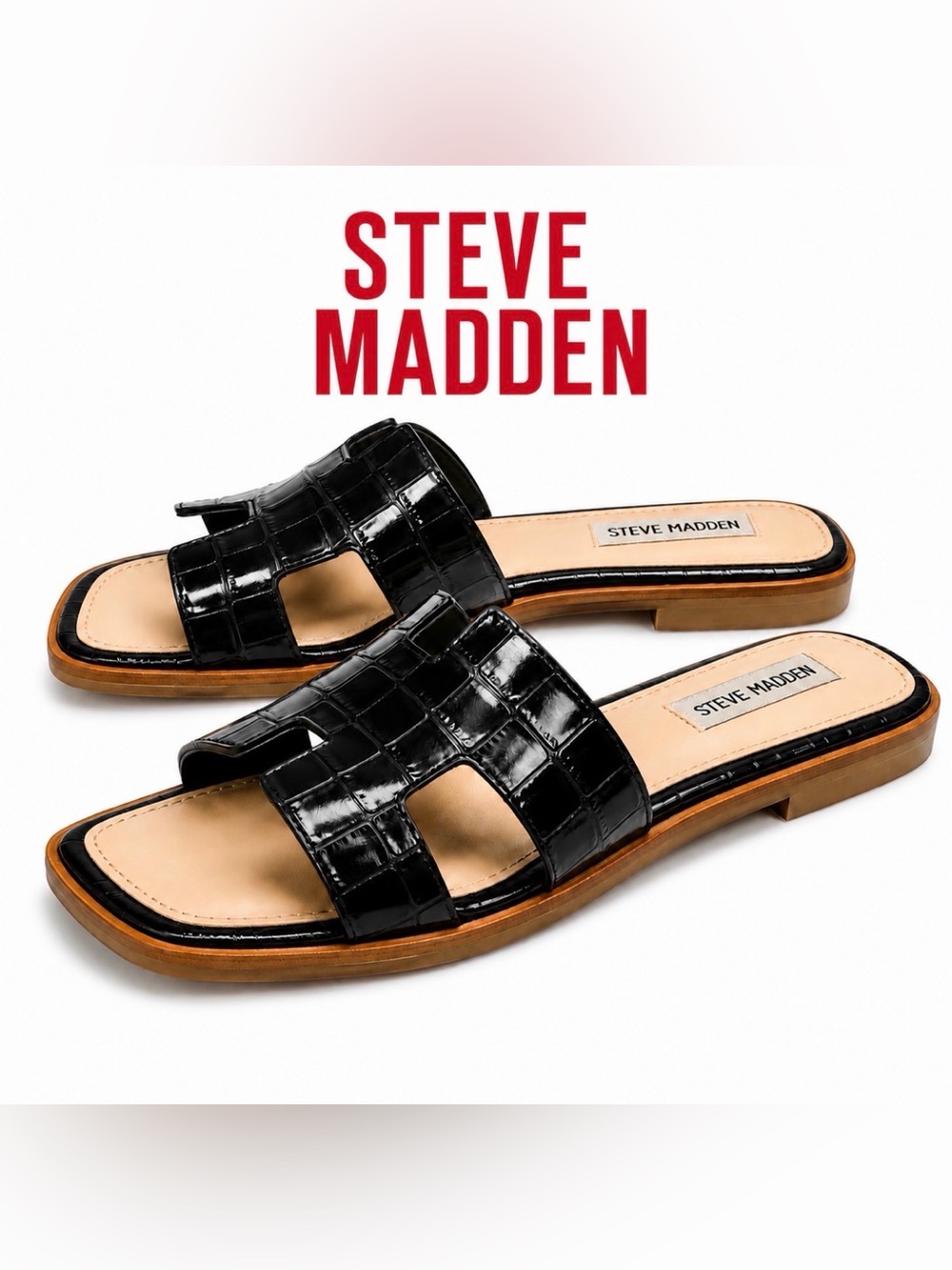 Steve Madden Hawthorne H Slide Sandals Black Croc Embossed Square Toe Women's 6